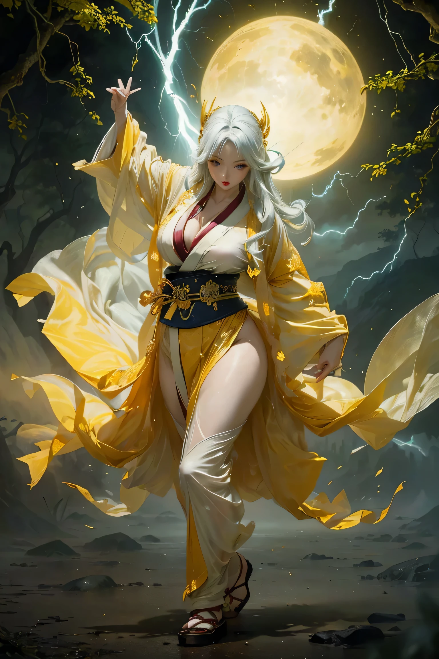 (8k, highest quality, masterpiece: 1.2), (realistic, realistic: 1.37), Super detailed, ((A bewitching female thunder god dancing in the sky:1))、((Female thunder god in sexy Japanese style kimono))、A sexy thunder god who controls lightning、((A sexy golden kimono inspired by thunder:1))