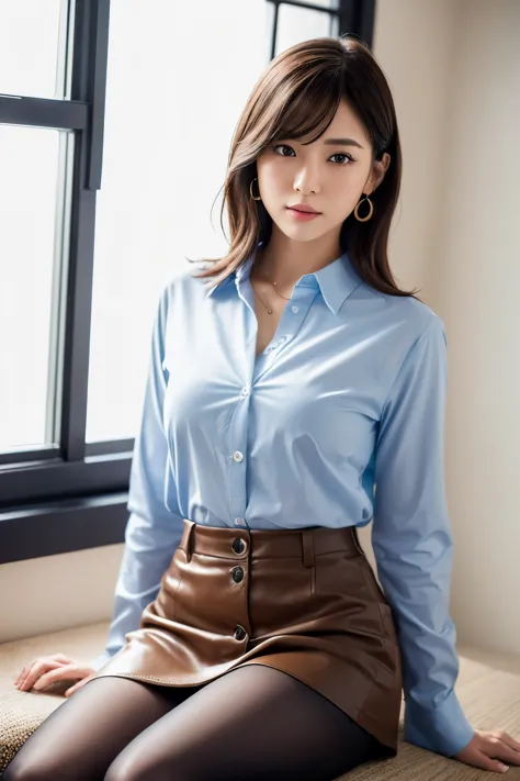 (28 year old), ((Japanese woman)), (((No exposed skin))), in office, ((button closed shirt)), ((The button looks like it's going...
