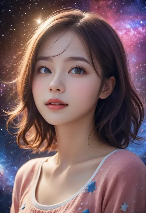 high detail, super detailed, ultra high resolution, a girl enjoying time in the dream galaxy, surrounded by stars, the warm ligh...