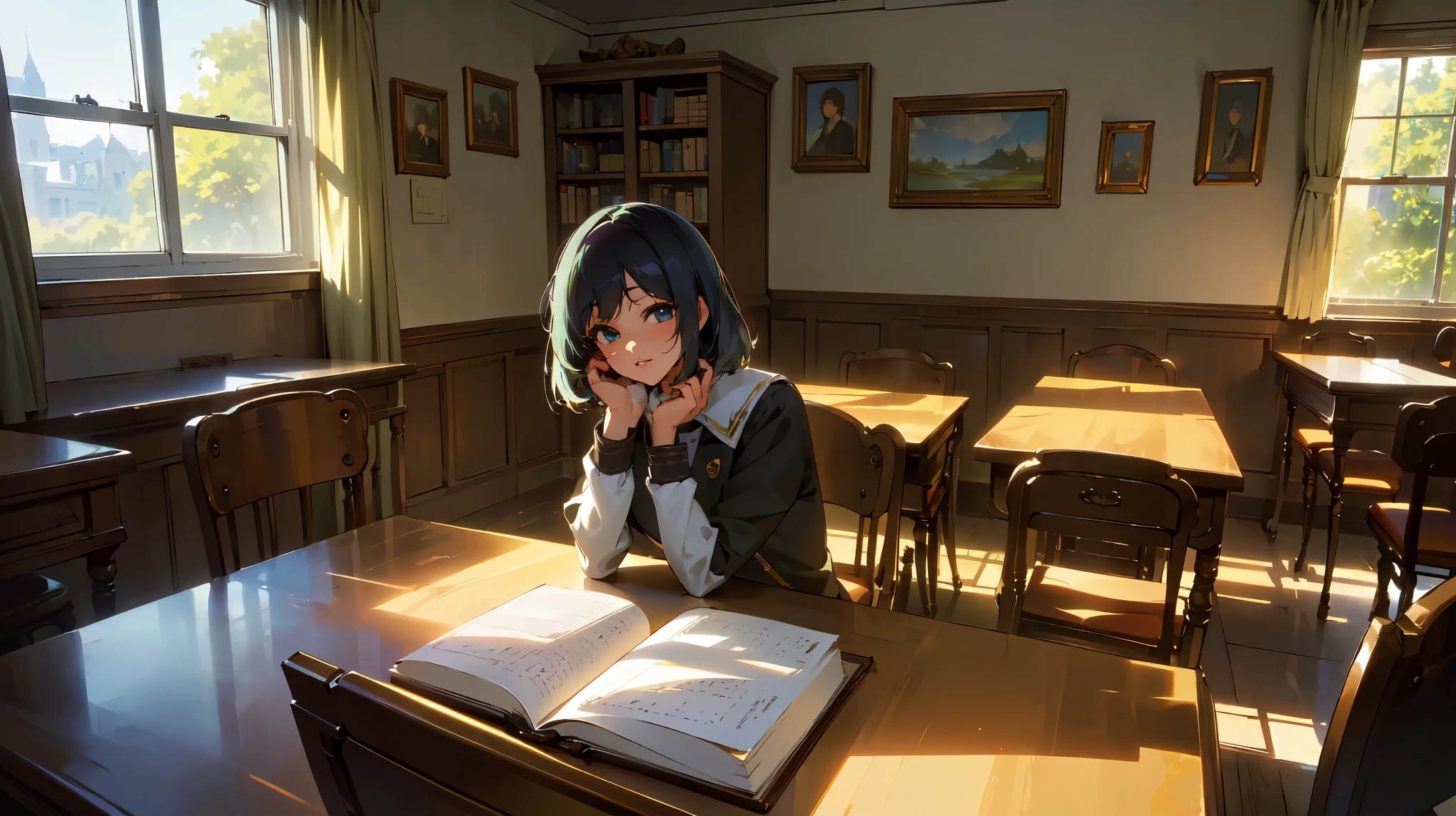 masterpiece, high quality, (medium hair, beautiful detailed eyes, beautiful detailed lips, uniform, content expression, sitting on a chair, leaning to the table, in a classroom, books and notebooks scattered on the table, sunlight streaming through the windows, soft lighting, vibrant atmosphere, highres, eyes to the viewer, reminiscing), detailed lighting on character 