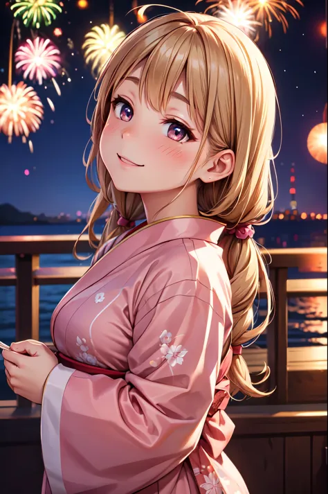 (High quality, High resolution, Fine details), BREAK pink yukata, intricate patterns on the yukata, (Fireworks in the night sky), (looking up at fireworks), warm glow, mesmerizing spectacle, enchanting beauty, solo, curvy women, BREAK light brown hair, tra...