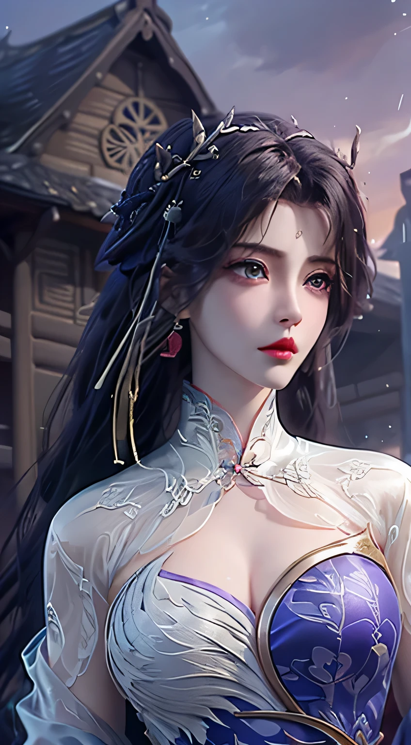 1 belle fille Van Hi portant Hanfu, fille de 27 ans，A le visage d&#39;une vieille dame, poupée coréenne, Chemise fine en soie violette avec beaucoup de texture blanche, haut en dentelle blanche, Queue de cheval longue violet platine, ornements de cheveux, bijoux d&#39;oreille, collier et collier , Grands yeux violet clair soigneusement dessinés, maquillage détaillé, sourcils fins, un nez haut, De belles lèvres rouges, aucun sourire, Bouder tes lèvres, Visage rouge flottant, Seins agrandis, seins gigantesques, seins bien proportionnés, une taille fine, Bas résille violets, Style chinois hanfu, textures artistiques fictives, Les couleurs sont vives et réalistes, Photo RAW, de vraies photos, photos surréalistes 8k de très haute qualité, effets de lumière fantastiques, 10x pixels, Effets magiques (fond de maison historique: 1.8), yeux super détaillés, portrait de fille, La fille était seule, (Hanfu historique: 1.8)