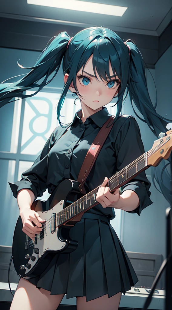 ((masterpiece, best quality))1girl, solo, black dress, blue eyes, electric guitar, guitar, headphones, double ponytail, holding, holding plectrum, instrument, long hair, music, one side up, teal hair, twin tails, playing guiter, pleated skirt, black shirt, interior