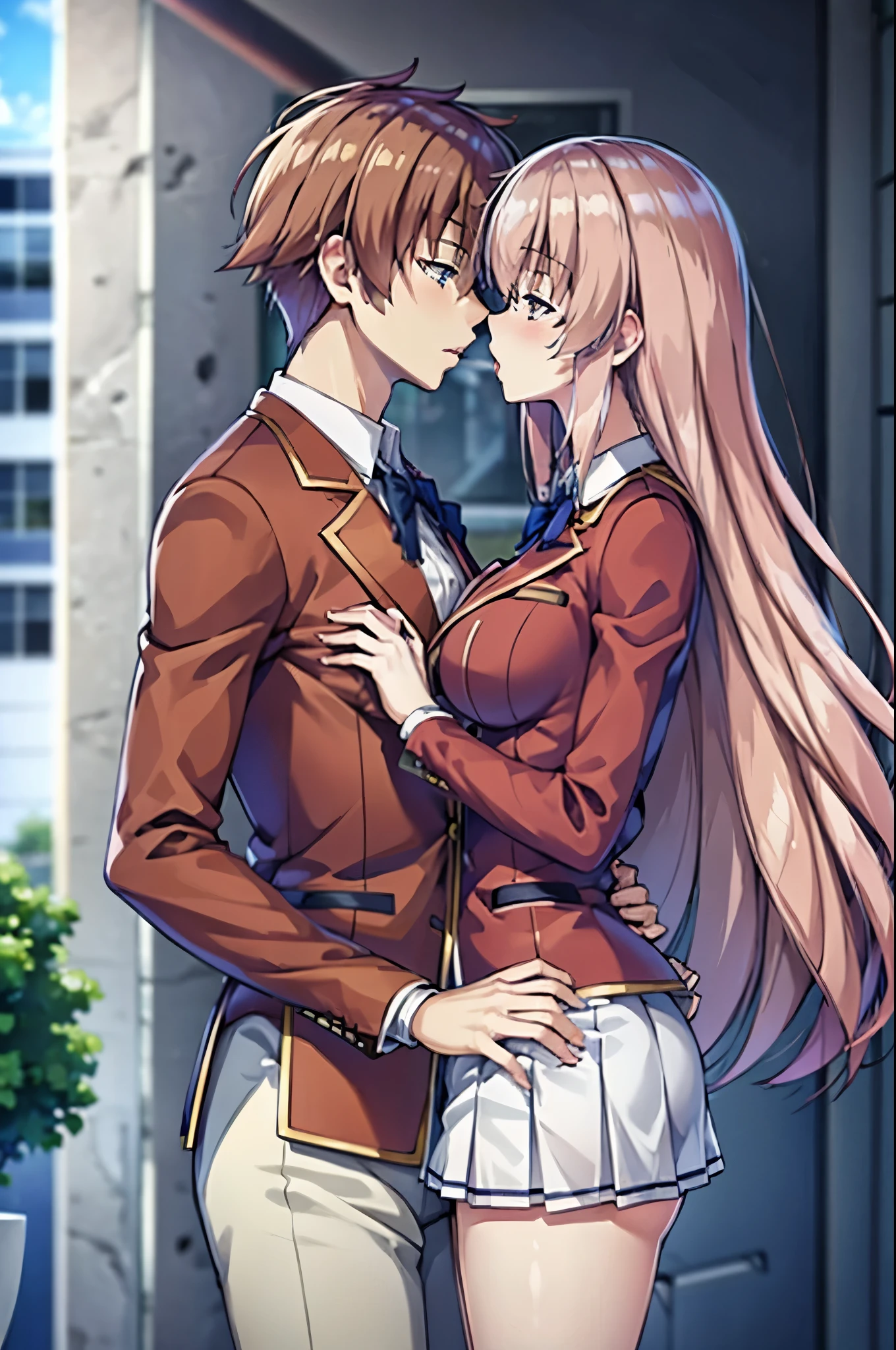 A couple of anime characters are hugging each other in front of a building  - SeaArt AI