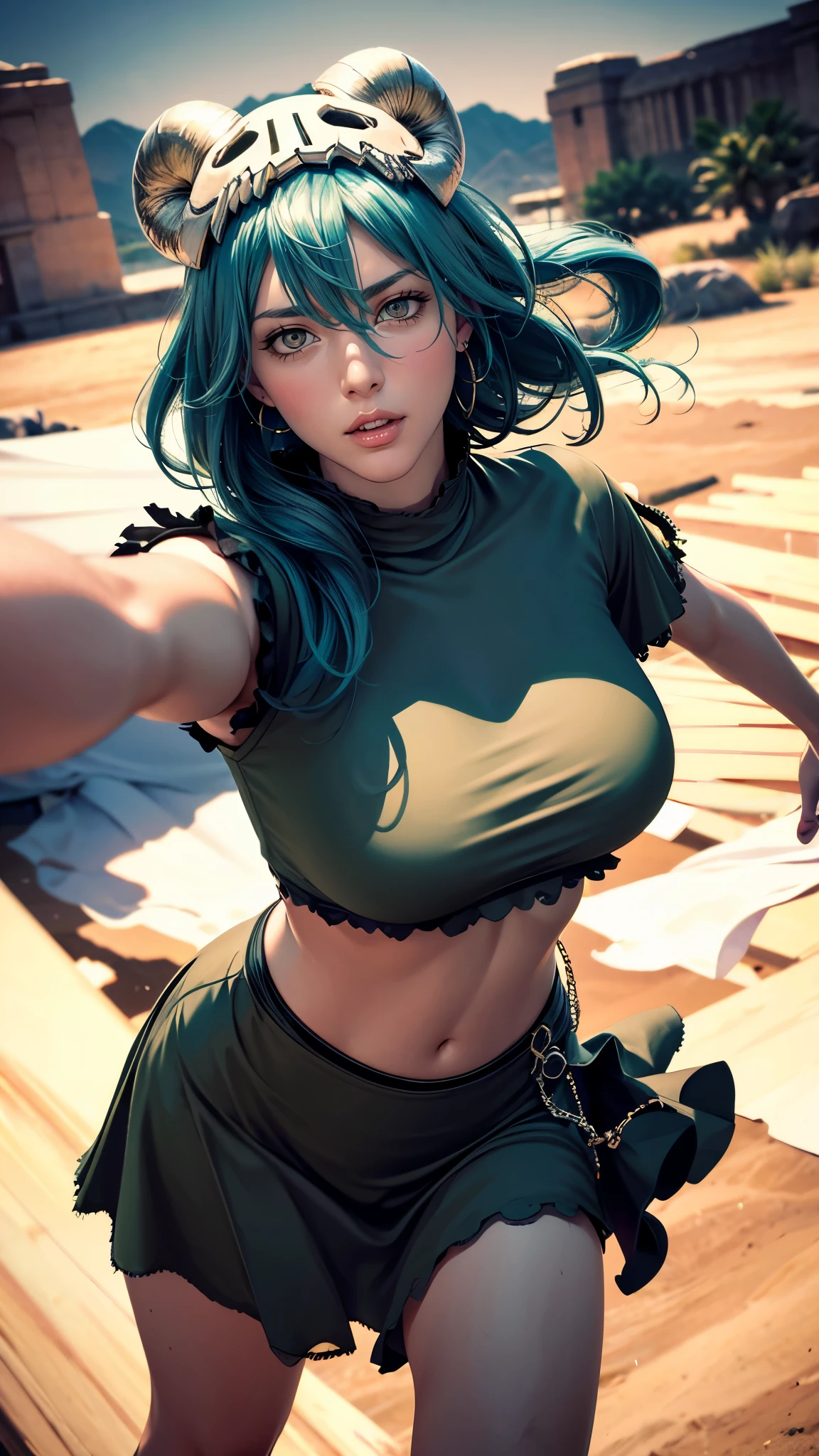 （（（Perfect figure，figure，odelschwanck，green clothes，（（（In the, long hair, facial mark, hair between eyes,  skull,skirt，yellow eyes，underboob,）））型figure:1.7））），((masterpiece)),high resolution, ((Best quality at best))，masterpiece，quality，Best quality，（（（ Exquisite facial features，looking at the audience,There is light in the eyes，Happy，nterlacing of light and shadow，huge boobs））），（（（looking into camera，desert background，Exaggerated perspective , ultra wide shot,blurry hand foreground）））