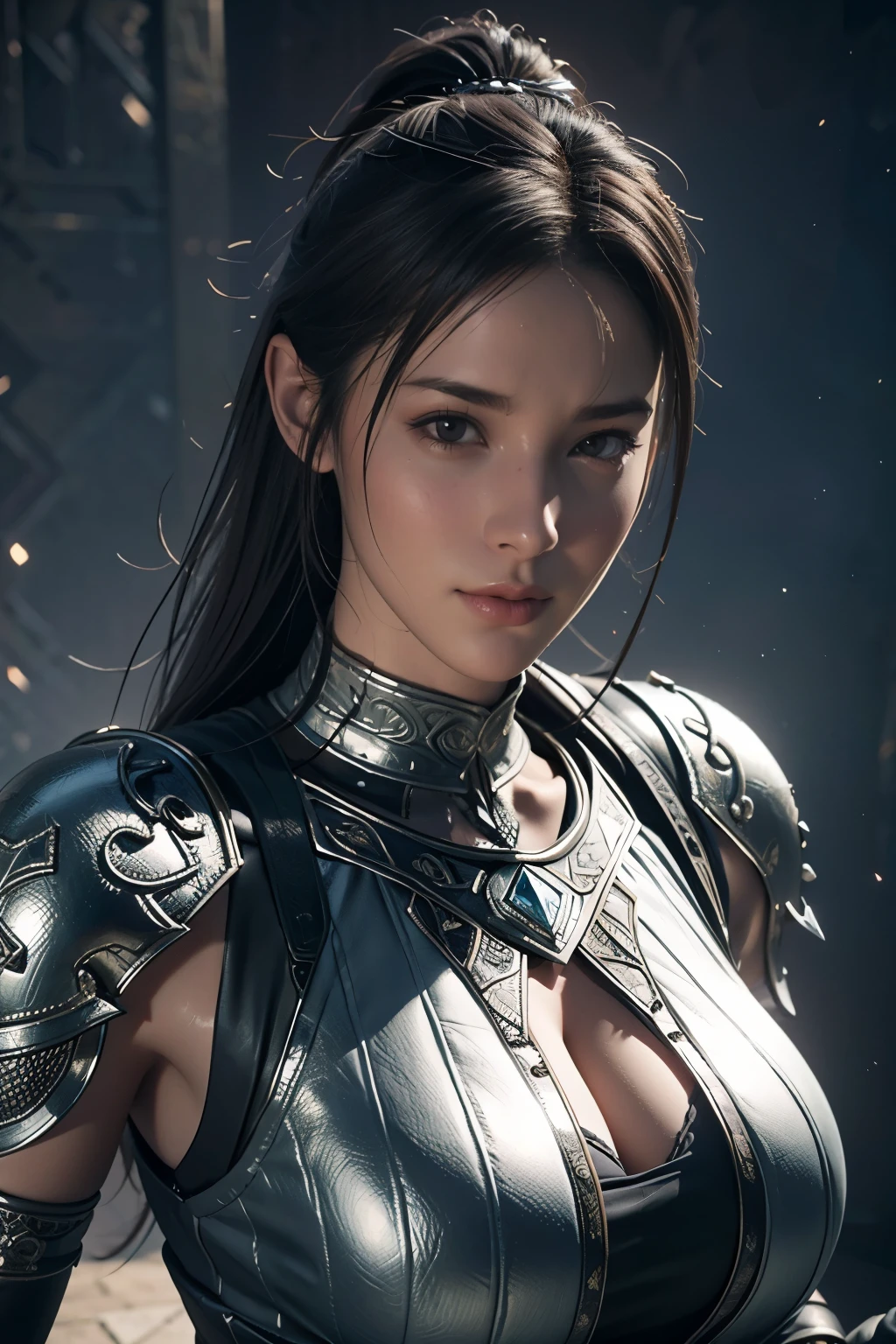 Arte del juego，La mejor calidad de imagen，resolución más alta，8k，(Una fotografía de busto)，(retrato)，(primer plano de la cabeza)，(Regla de los tercios)，El renderizado de Unreal Engine 5 funciona， (La chica del futuro)，(mujer guerrera)， 
chica de 20 años，((cazador))，Un ojo rico en detalles，(pechos grandes)，Elegant and noble，indiferente，corajudo，
（Ropa de combate de pieles de estilo medieval.，Líneas mágicas brillantes，Ropa de piel de animal con ricos detalles medievales Lady Knight.，guardabosques medieval，
poses para fotos，fondo sencillo，luces de película，trazado de rayos，juego cg，((Motor irreal 3D))，Patrón de reflexión de renderizado OC