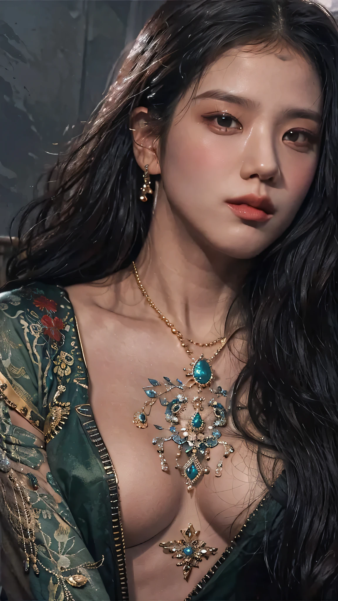 photorealistic, high resolution, soft light,1women, solo, hips up, shinning skin, (detailed face), jewelry, tattoo, super long hair, sperm on her face (facial), black hair, long hair, mafia