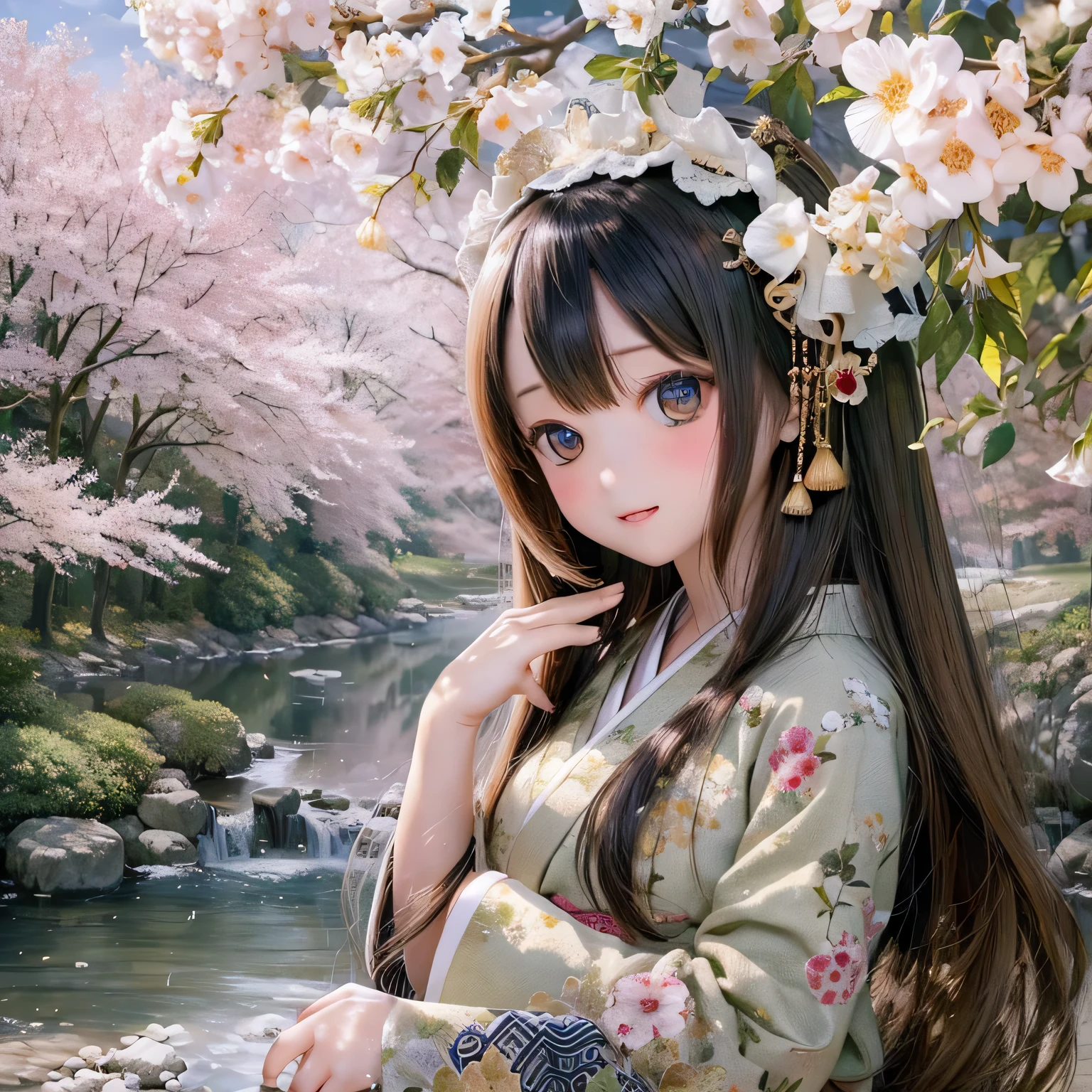 (alta resolución, Realista:1.2),(hermosos ojos detallados,hermosos labios detallados,ojos y rostro extremadamente detallados,pestañas largas),(paisaje de campo,atmósfera serena),(shiba inu girl:1.1),(iluminación suave),(estilo de pintura al óleo),(exuberantes campos verdes,tranquil river),(casa tradicional japonesa),(kimono tradicional fluido),(Flores coloridas),(Pájaros volando en el cielo),(bosque de bambú),(luz del sol filtrándose a través de los árboles)(((Cerezo en plena floración)))corte princesa brazos abiertos