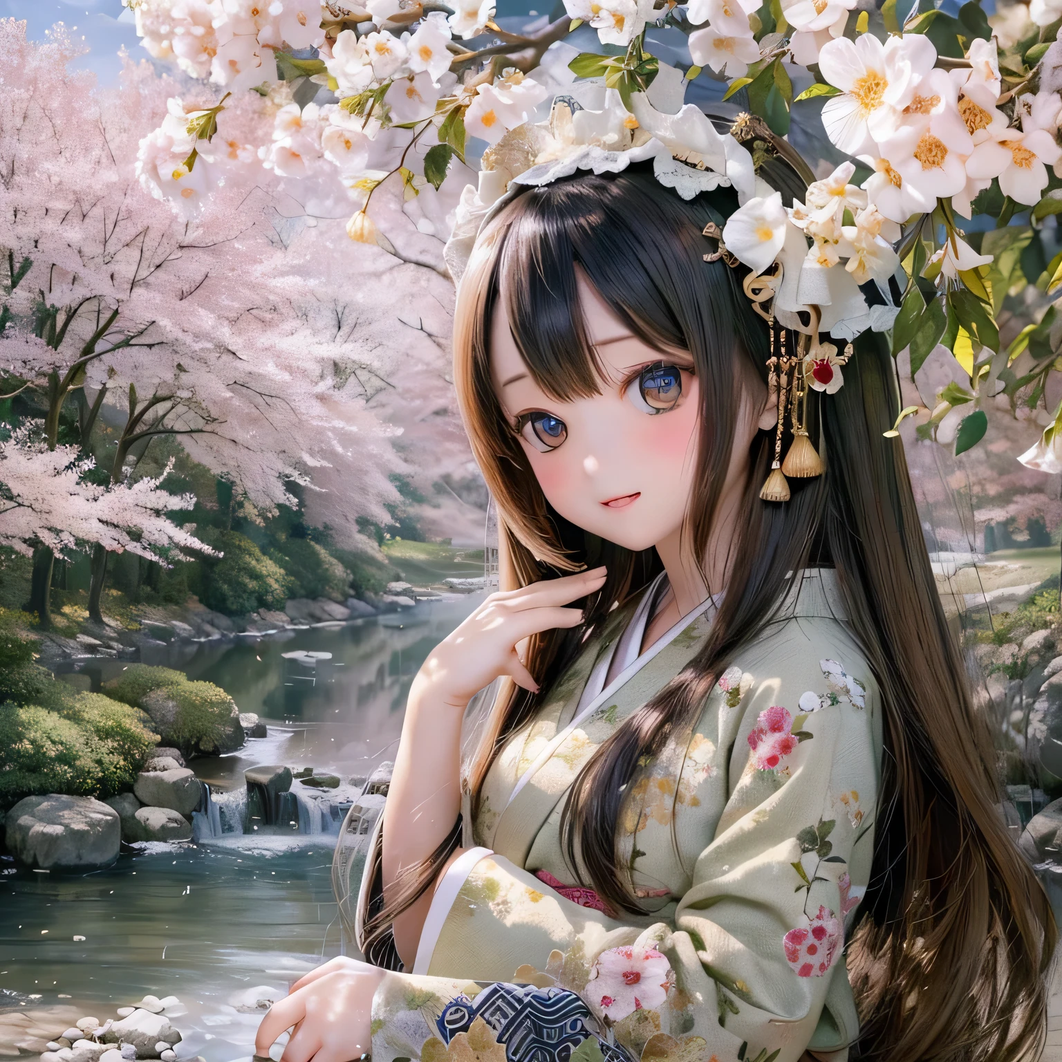 (highres, realistic:1.2),(beautiful detailed eyes,beautiful detailed lips,extremely detailed eyes and face,longeyelashes),(countryside landscape,serene atmosphere),(shiba inu girl:1.1),(soft lighting),(oil painting style),(lush green fields,tranquil river),(traditional Japanese house),(flowing traditional kimono),(colorful flowers),(birds flying in the sky),(bamboo forest),(sunlight filtering through the trees)(((Cherry tree in full bloom)))princess cut spread arms