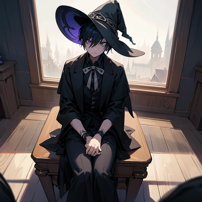 1boy, sitting, skirt, striped stockings, witch, emo, cloak, hat