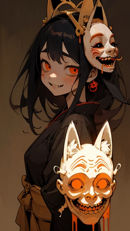 (A girl with a fox mask on the side of her head)), Outline warm color, ((fear of jumping)), scribble, nightmare, doll-like face, cartoon style, rough sketch, Horror elements, (masterpiece), (High resolution), (super delicate), (clear), Comic book style illustrations, (drawing style), warm color, (Horror elements), Japanese painting, full body, ghost, angle, (snap shot), bugaboo, that&#39;terrible, (Spooky), Japanese carving, primitive art, old picture scroll style, old staging, Ancient mural style, crazy illustration, antique, dark atmosphere, flat illustration, crazy smile, Spookyな外観, Characteristic hairstyle, creative accessories, Unique atmosphere
