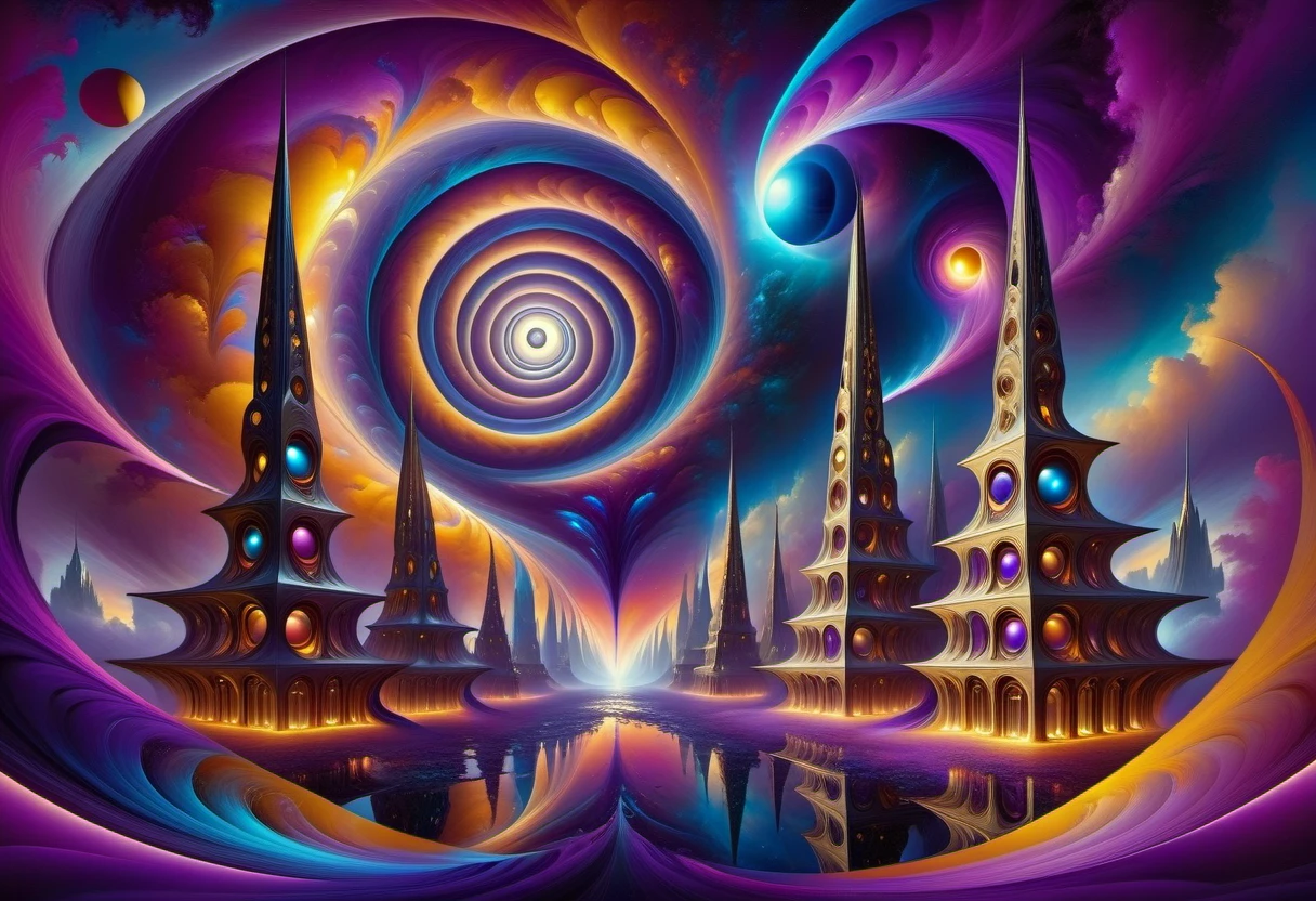A surreal alien cityscape, in an alien world with more than 5 dimensions. Strangely spirally swirling asymmetrical reflective planes with something resembling windows. The strangely refracted light of two violet-blue suns. Amazing flying vehicles. Fractal clouds of purple color palette on a black and gold cosmic sky. the fusion of the complexity of the cities of Jacek Pilarsky, the sophistication of Philippe Vignal, balanced like Jacob Lawrence, dynamic like Francis Picabia, rendering in Unreal Engine, acrylic texture adding depth, grunge aesthetic filling character, ultra HD, bright colors, high detail, UHD pen and ink, perfect composition, intricate, high quality, masterpiece. best quality,, super detail