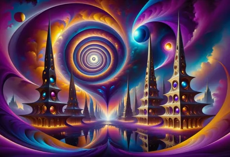 A surreal alien cityscape, in an alien world with more than 5 dimensions. Strangely spirally swirling asymmetrical reflective pl...