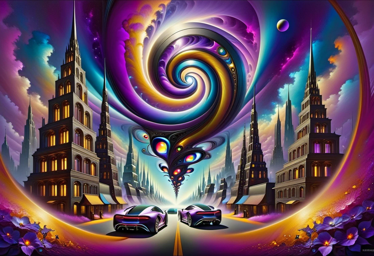 A surreal alien cityscape, in an alien world with more than 5 dimensions. Strangely spirally swirling asymmetrical reflective planes with something resembling windows. The strangely refracted light of two violet-blue suns. Amazing flying vehicles. Fractal clouds of purple color palette on a black and gold cosmic sky. the fusion of the complexity of the cities of Jacek Pilarsky, the sophistication of Philippe Vignal, balanced like Jacob Lawrence, dynamic like Francis Picabia, rendering in Unreal Engine, acrylic texture adding depth, grunge aesthetic filling character, ultra HD, bright colors, high detail, UHD pen and ink, perfect composition, intricate, high quality, masterpiece. best quality,, super detail