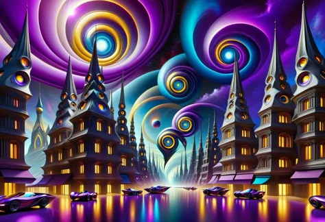 A surreal alien cityscape, in an alien world with more than 5 dimensions. Strangely spirally swirling asymmetrical reflective pl...