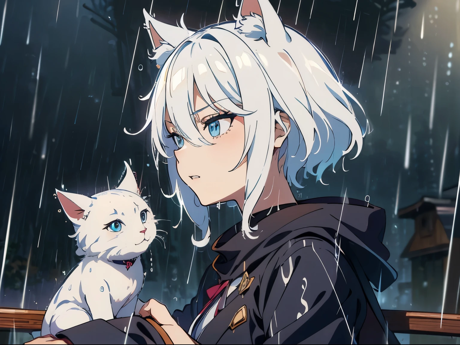 (highest quality), (masterpiece), 1080P, HD, 4K, 8k, masterpiece, A world where magic and technology coexist,1 person，Handsome guy，male，Cat ear，sexly，Cat earのティーンエイジャー(gray hair, short hair) ，magic，shining brightly，beautiful eyes、depicted in detail，evil look, (rain:1.5)，Rain，on the road