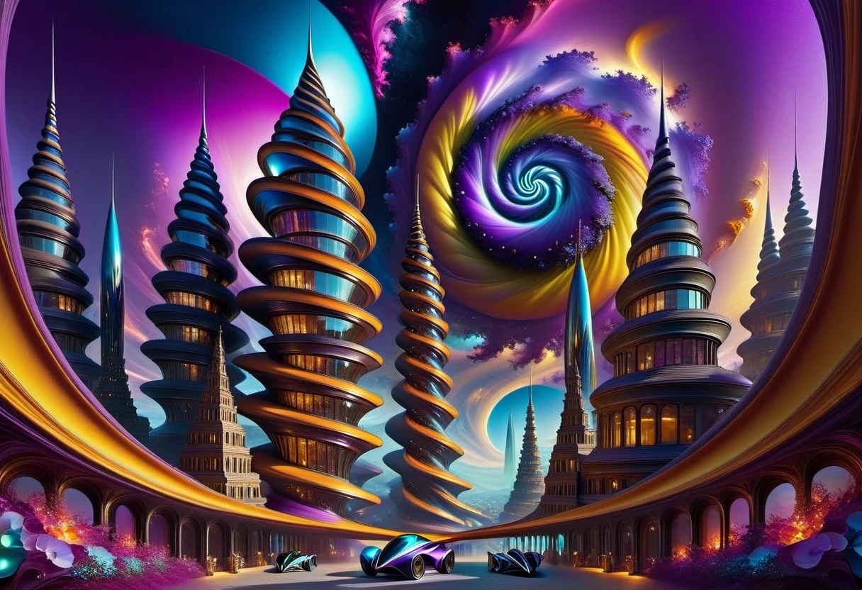 A surreal alien cityscape, in an alien world with more than 5 dimensions.Hyperrealistic spirally twisting asymmetrical reflective planes are Fractal beehive-like than reminiscent of windows . The strangely refracted light of two violet-blue suns. Amazing flying vehicles. Fractal clouds of a purple palette of colors on a black and gold cosmic sky . the surreal fusion of the complexity of the cities of Jacek Pilarsky, the sophistication of Philippe Vignal, balanced like Jacob Lawrence, dynamic like Francis Picabia, rendering in Unreal Engine, acrylic texture adding depth, grunge aesthetic filling character, ultra HD, bright colors, high detail, UHD pen and ink, perfect composition, intricate, high quality, masterpiece. best quality,, super detail