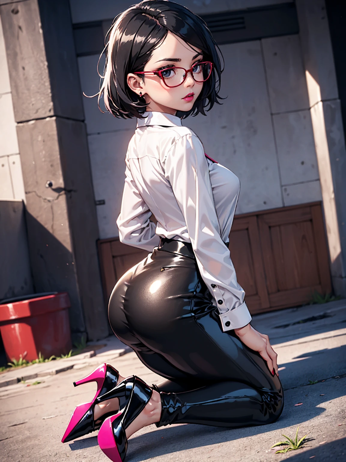 (1girl, solo, alone), (WakatsukiRisa, Sarada Uchiha, black hair, short hair, black eyes, red glasses), ((solo, (1woman, pink lipstick, (small breasts), black eyes), Extremely detailed, ambient soft lighting, 4k, perfect eyes, a perfect face, perfect lighting, a 1girl)), austere, ((black leather pants, (high heels, ((dress shirt, white shirt, long sleeve blouse))), black leggings, leather pants, black pants, ((stiletto high heels, (peep toes), black high heels with red soles, high heels)), tight clothes, shiny leather, leather, leathery, farm, balcony, ((looking back, backwards)), farm background, pond)), ((itness, muscular, shapely body, athletic body, toned body))