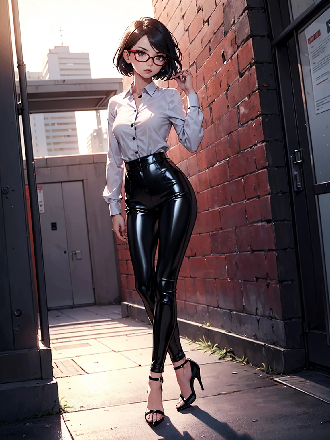 (1girl, solo, alone), (WakatsukiRisa, Sarada Uchiha, black hair, short hair, black eyes, red glasses), ((solo, (1woman, pink lipstick, (small breasts), black eyes), Extremely detailed, ambient soft lighting, 4k, perfect eyes, a perfect face, perfect lighting, a 1girl)), austere, ((black leather pants, (high heels, ((dress shirt, white shirt, long sleeve blouse))), black leggings, leather pants, black pants, ((stiletto high heels, (peep toes), black high heels with red soles, high heels)), tight clothes, shiny leather, leather, leathery, farm, balcony, farm background, pond)), ((itness, muscular, shapely body, athletic body, toned body))