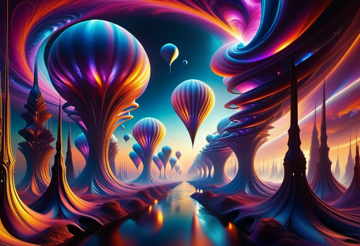 A surreal alien cityscape, in an alien world with more than 5 dimensions.Hyperrealistic spirally twisting asymmetrical reflective planes are Fractal beehive-like than reminiscent of windows . The strangely refracted light of two violet-blue suns. Amazing flying vehicles. Fractal clouds of a red-orange palette of colors on a black and gold cosmic sky . the surreal fusion of the complexity of the cities of Jacek Pilarsky, the sophistication of Philippe Vignal, balanced like Jacob Lawrence, dynamic like Francis Picabia, rendering in Unreal Engine, acrylic texture adding depth, grunge aesthetic filling character, ultra HD, bright colors, high detail, UHD pen and ink, perfect composition, intricate, high quality, masterpiece. best quality,, super detail
