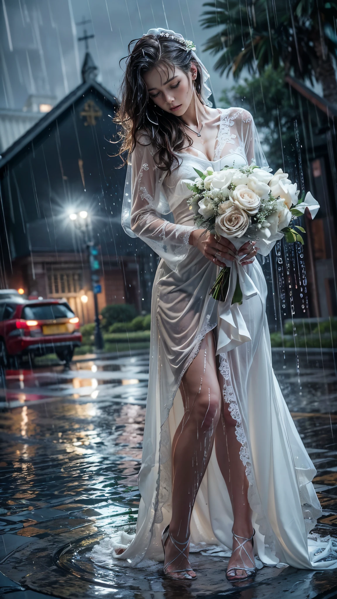 (RAW shooting, Photoreal:1.5, 8K, highest quality, masterpiece, ultra high resolution), ((((Typhoon heavy rain)))), perfect dynamic composition:1.2, (In front of a church at night in a modern city, expression of sadness:1.1, Tears are flowing:1.1, cry with a broken heart:1.1), Highly detailed skin and facial textures:1.2, Slim office lady wet in the rain:1.3, cowboy shot, Fair skin:1.2, sexy beauty:1.1, perfect style:1.2, beautiful and aesthetic:1.1, very beautiful face:1.2, water droplets on the skin, (rain drips all over my body:1.2, wet body:1.2, wet hair:1.3), (Holding a wet bouquet:1.2, wet pure white wedding dress:1.3), (Medium chest, Bra is sheer, Chest gap), (beautiful blue eyes, Eyes that feel beautiful eros:0.8), (Too erotic:0.9, Bewitching:0.9), necklace, earrings, bracelet