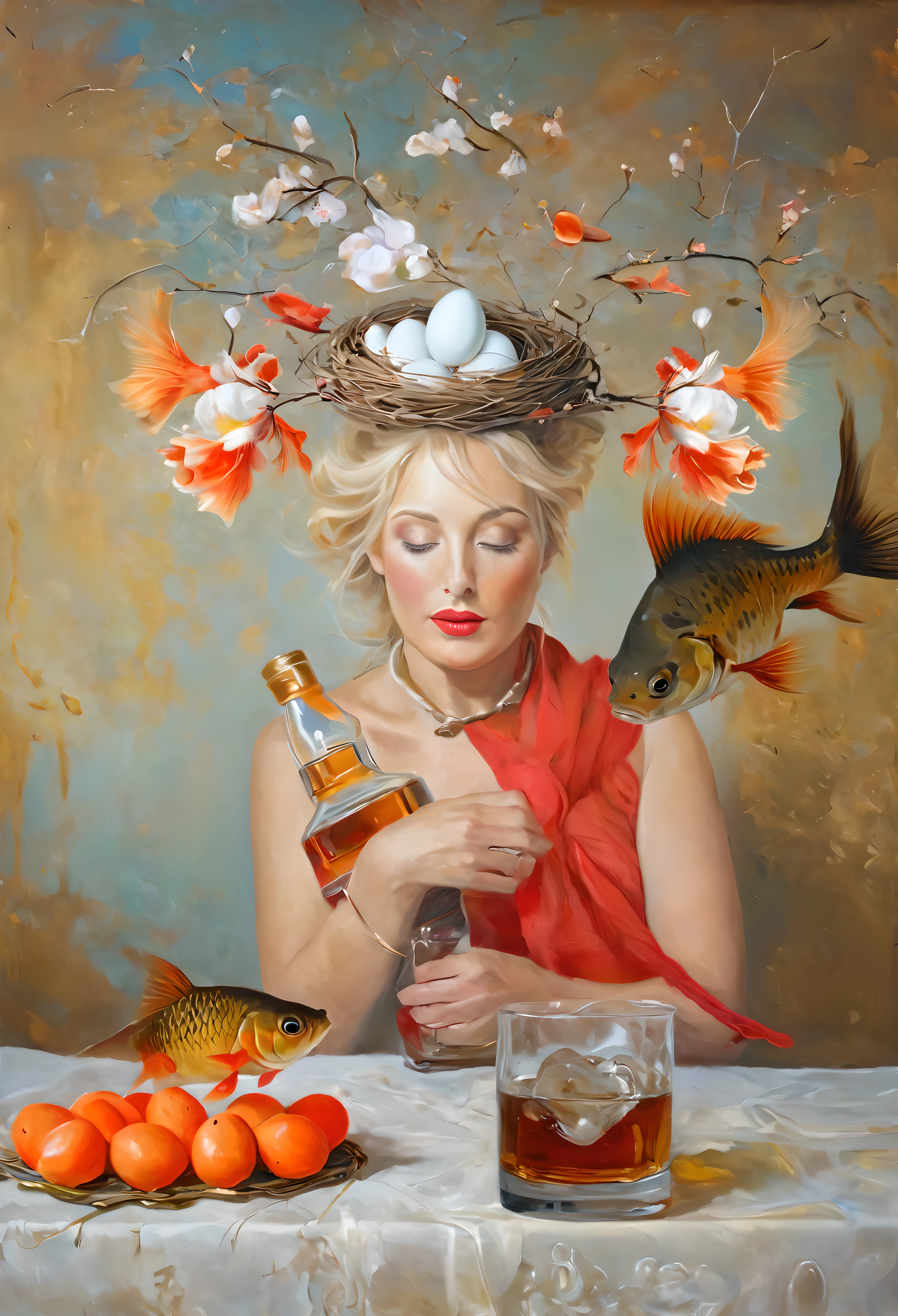 peinture à l&#39;huile, ((portrait d&#39;une femme blonde2,0)) avec un nid avec des œufs et un poisson rouge sur la tête, ((le vent souffle sur tes cheveux1,7)), ((poisson rouge dans les airs)), carpe magique, verre de whisky sur la table, branches de cerisier en fleurs, (foulard rouge autour du cou), réalisme magique, Art fantaisiste;, Art figuratif hautement conceptuel, Art surréaliste et fantastique, эмоциональное art surréaliste, art conceptuel surréaliste, peinture surréaliste, surréalisme hyperréaliste, Salvador Dalí, Élisa Anfuso, art surréaliste, surréalisme fantaisiste, Oeuvre numérique surréaliste, Peinture réaliste d’art fantastique, surréalisme fabuleux