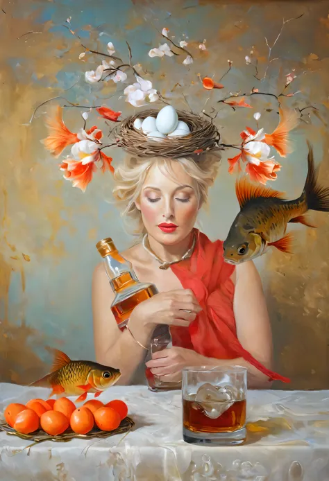 oil painting, ((portrait of a blonde woman2,0)) with a nest with eggs and a goldfish on his head, ((the wind blows your hair1,7)...