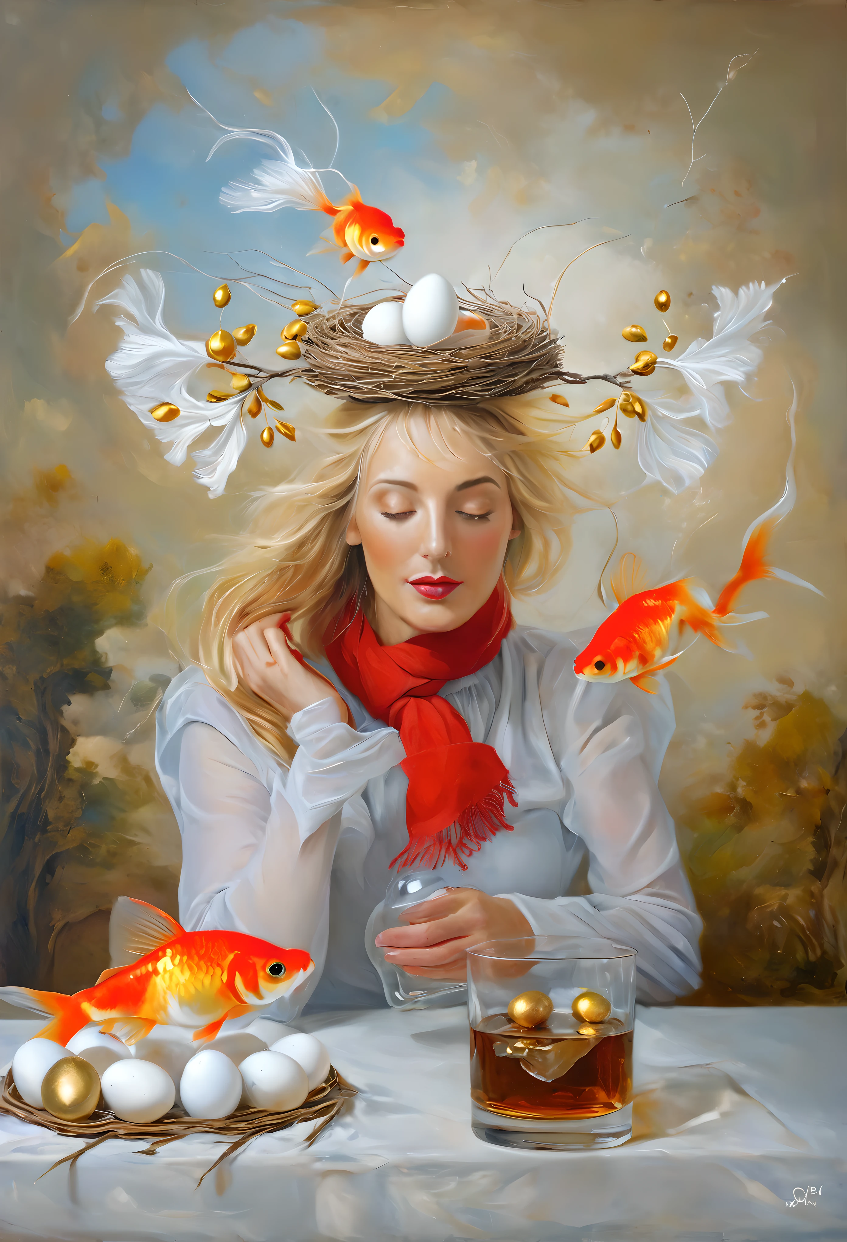 pintura al óleo, Retrato de una mujer rubia con un nido con huevos y un pez dorado en la cabeza., ((el viento sopla tu cabello1,7)), ((pez dorado en el aire)), carpa magica, vaso de whisky en la mesa, Ramas de sakura, (Pañuelo rojo alrededor del cuello), realismo magico, arte caprichoso;, arte figurativo altamente conceptual, Arte surrealista y fantástico., эмоциональное arte surrealista, Surrealist conceptual art, pintura surrealista, surrealismo hiperrealista, Salvador Dali, Elisa Anfuso, arte surrealista, surrealismo caprichoso, Obra digital surrealista., pintura realista del arte de la fantasía, surrealismo fabuloso