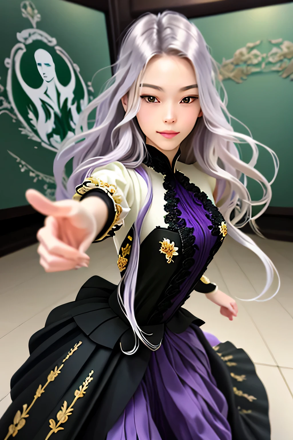 (masterpiece, best quality:1.2),a beautiful girl，Skin detail processing，The eyes are finely described，Delicate hair，wavy long hair，Long light hair，Wear a large bow on your head，Black Sweater，white dots，skirt，Retro contrasting memento mori、（write）、（purple、yellow）、spark、fantasy creature, elaborate details, painting, springcolor painting,Loose and fluffy、long curled silver hair、black dress、dutch angle,good anatomy,dynamic pose, action pose, open pose, dynamic angle,(Evere_shy smile:1.2), details layered skirt、Art Nouveau fashion embroidery、intricate detailesh wire、glasswork、horny girl, cute type、Transparent blood vessels、very delicate face,soft clean focus, analog 150mm lens、Beautiful natural soft rim light、 (very delicate and beautiful art)1.3, It&#39;s elegant, (pastel colors)1.2,clean background