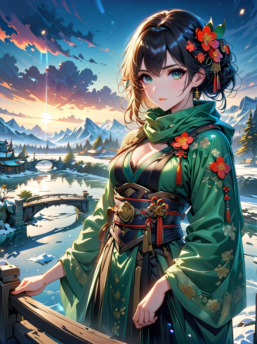 a beautiful young girl，Perfect eyes and detailed lips，Ribbons and hair accessories in hair，extremely beautiful decoration，（best quality，8k，high resolution，masterpiece：1.2），Super detailed，Snow powder on shoulders，Standing on a damaged bridge over a frozen lake，winter landscape，Misty mountains in the background，Sunset sky，Plum blossoms all over the sky，soft light，intricate details，HDR，Physically based rendering，bright colors