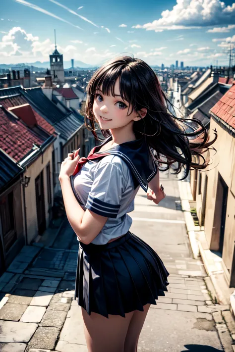 very cute and beautiful girl,teen,(highly detailed beautiful face),
(smile:1.2),happy,black hair,(sailor ,pleated navy blue mini skirt),dynamic pose,looking at viewer,
many european houses with red roof,(town overview:1.2),
(best quality,masterpiece:1.0),a...