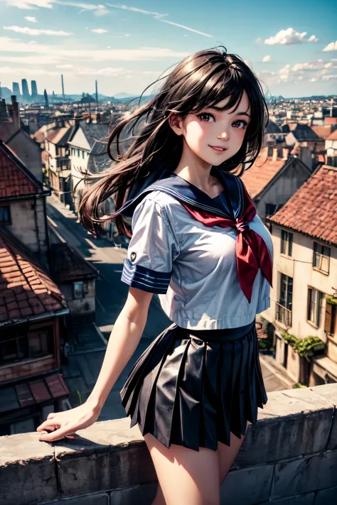 very cute and beautiful girl,teen,(highly detailed beautiful face),
(smile:1.2),happy,black hair,(sailor ,pleated navy blue mini...