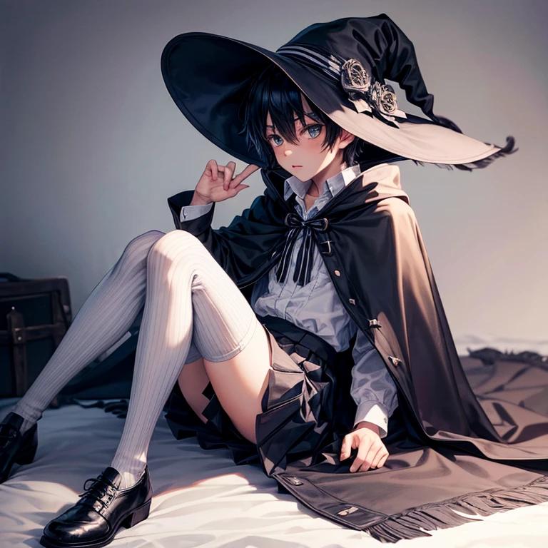 1boy, sitting, skirt, striped stockings, witch, emo, cloak, hat