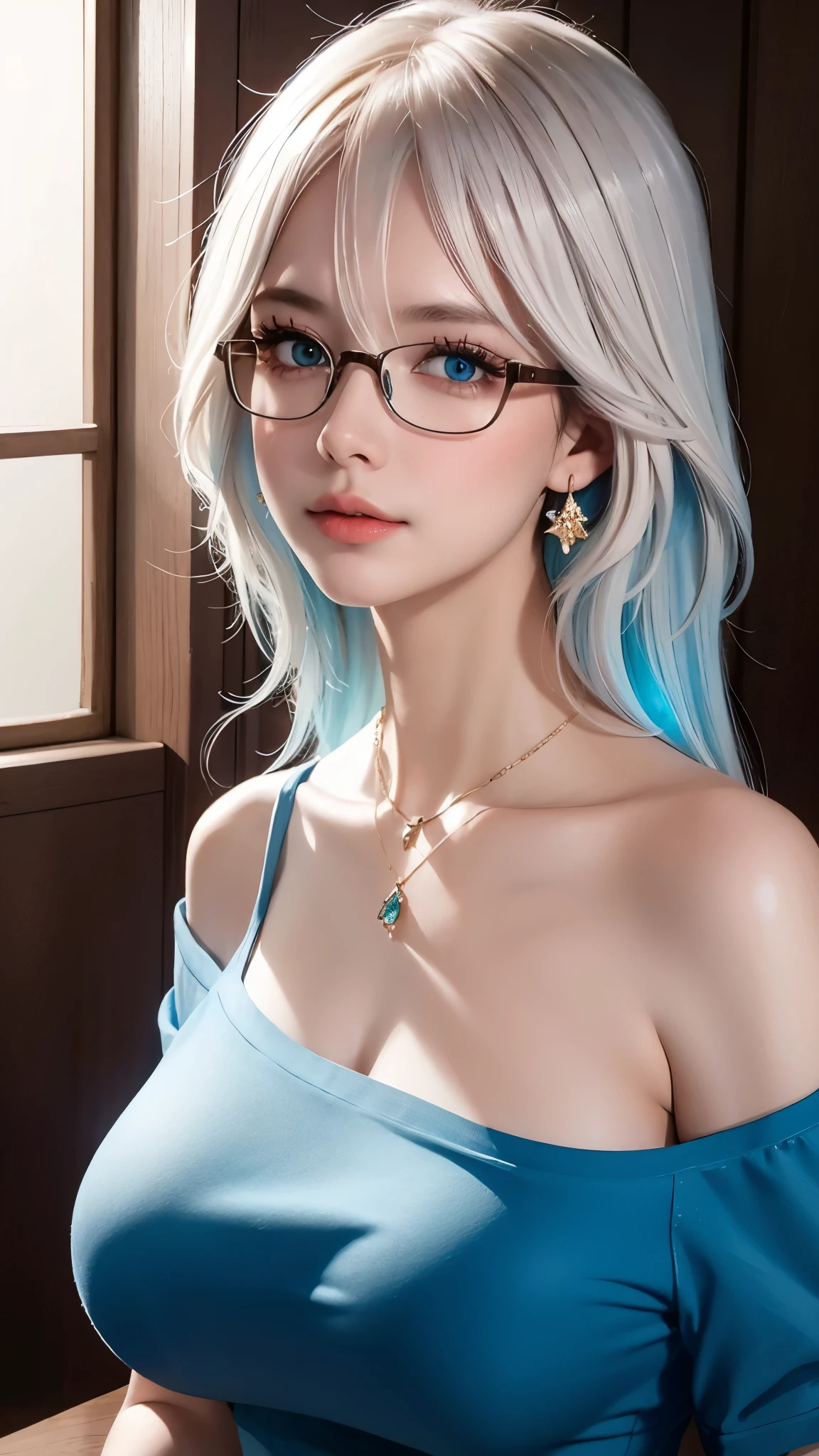 masterpiece, best quality, illustration, saxophone blue hair, platinum earrings, platinum necklace, off shoulder shirt，1 girl, charming, (dynamic lighting:1.2), Cinema lighting, Exquisite facial features, delicate blue eyes, Wear half-rimmed glasses（focus），sharp pupils, realistic student, depth of field, bokeh, Sharp focus, (super detailed, bloom, glow:1.4), (huge breasts), (saggy breasts), looking into camera