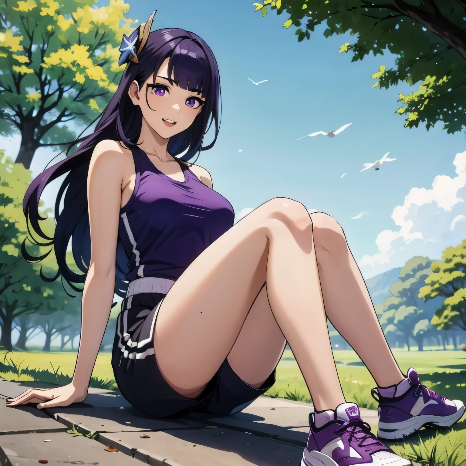 raiden shogun,((best quality)), ((masterpiece)), (detailed), perfect face,1girl, solo, long hair, looking at viewer, blush, shirt, purple hair, brown eyes, upper body, teeth,, mole, mole on neck,1girl, solo, breasts, looking at viewer, shirt, black hair, breasts, sitting, outdoors,sky, shorts, sleeveless, alternate costume, tree, hand between legs, yellow shirt, sportswear, gym shorts, basketball uniform, yellow tank top,number 3,sweat,jersey numbber 3,full body,1girl, solo, long hair, breasts, looking at viewer, bangs, large breasts, bare shoulders, sitting, purple eyes, purple hair, outdoors, sky, shoes, teeth, day, pants, mole, tree, mole under eye, grass, sneakers, sportswear, basketball