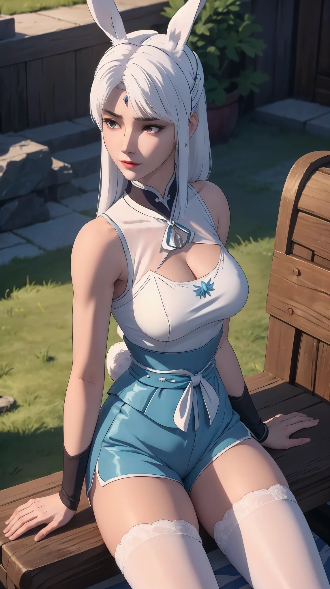 a white hair、Close-up of woman wearing white mask, beautiful figure painting, guweiz, Gurwitz style artwork, White-haired God, author：Yang Jie, Epic and beautiful character art, Stunning character art, author：FAN Qi, by Wuzhun Shifan, pixiv art station street guweiz, single ponytail, insult, high ponytail, tall figure, long legs, (sleeveless lace shirt), (shorts), (striped )), ((striped )), Walk, elegant, dignified, feminine, beautiful curves, sweet smile, Strong sense of detail and layering, colorful, Has a unique texture, rich and colorful, Color harmony, vivid, design art, 16K, super detailed, {{illustration}}, {extremely delicate and beautiful}, {Exquisite surface treatment}, super detailed, Exquisite glowing eyes, {{movie lighting}}, Extreme light effects, Model: realism, CFG size: 12, Laura: Bright texture (1.35), high quality, masterpiece, Exquisite facial features, Delicate hair depiction, Detailed depiction of eyes, masterpiece, best quality, Ray tracing, Extremely detailed CG unified 8K wallpaper, masterpiece, best quality, (1 girl), perfect female figure, (((White tight T-shirt))), beautiful eyes, (delicate face), 黑色short hair, hair tied up, Light blue hairpins, (White skin), (best lighting), (Super intricate details), 4K unified, (super detailed CG), Showing white legs, , hot pants, shorts,best quality, High resolution, Unique image, 1 girl, Animal ears, armpit, Put your arms behind your head, Bangs, bare shoulders, blue footwear, blue hair, blue tights, braid, Chest, brown lift your legs, shut your mouth, bench, Cover belly button, curtain, Split collar, earrings, Eyebrows visible through hair, fake Animal ears, fake Tail, garters, gradient hair, green eyes, High heel, high legs, high legs tights, huge Chest, jewelry, large Chest, tights, light blush, looking at the audience, messy hair, rich and colorful hair, on bench, Pillow, rabbit, Rabbit ears, rabbit Tail, short hair, side lock, sitting, alone, swept Bangs, Tail, lift your legs, change