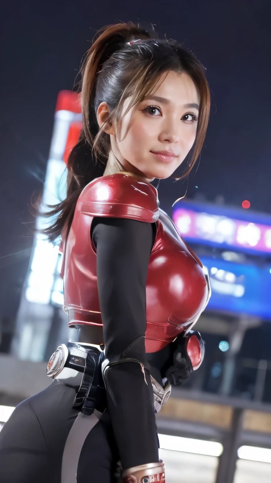 (highest quality、8K、32k、masterpiece、UHD:1.2、perfect body beauty:1.2、Wearing a futuristic hero suit with a dark pink and white shine:1.5、rain、street、Cute 25 year old Japan woman、big and full breasts:1.5、ponytail、Upper body、front、simple background、looking at the viewer、dynamic pose:1.5