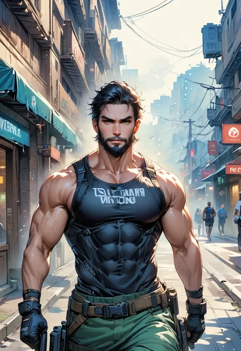 best quality, masterpiece, ultra high resolution, detailed background, realism, illustration, single, 1 boy, street, muscle, vol...