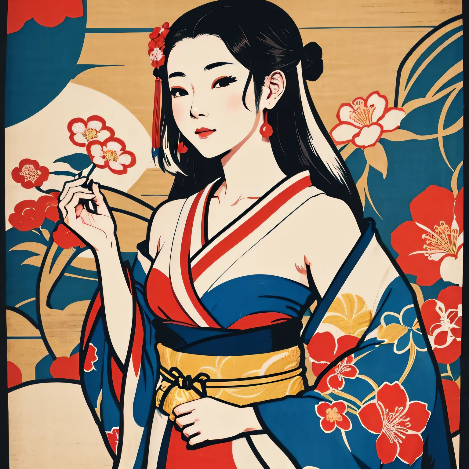 Art vintage japonais, Conception de t-shirts, art vectoriel, art plat:1,4. \\ (japonaise, en kimono, best quality, Art officiel, Beaucoup de couleurs, couleurs du japon, ukiyo-e, couleurs, summer, okinawa,flowers , bare shoulders, belles formes,: 1.2