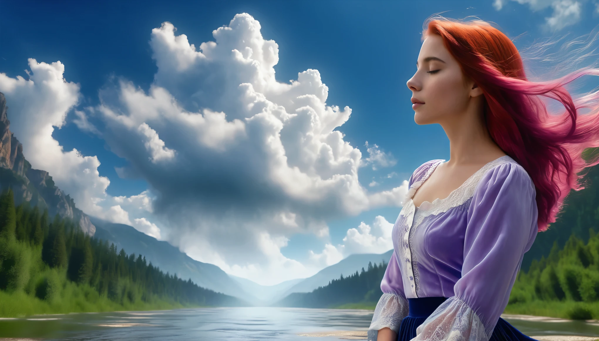 hdr, 12k, realistic environment, of peace and love, clouds, presence of God, beautiful woman, lilac blouse and calf-length skirt, blue velvet, long red hair, looking at the clouds, waiting for help from God, tall forest , blue river. towers mountains