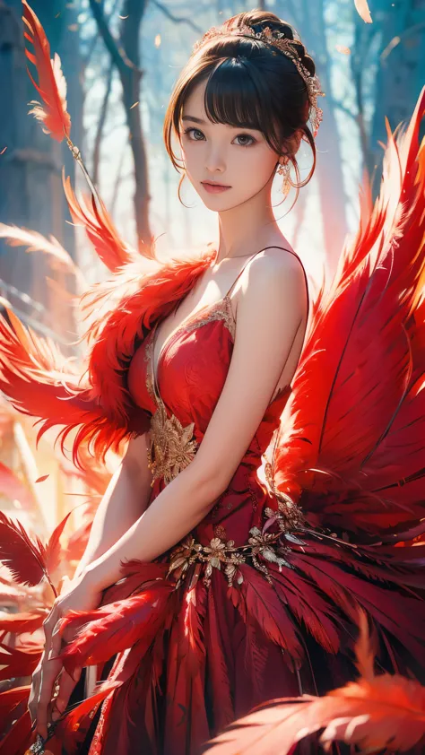 1 girl,Gorgeous long dress made of feathers,red feathers,Giant feathers,complex background,beautiful background,(feathers everyw...