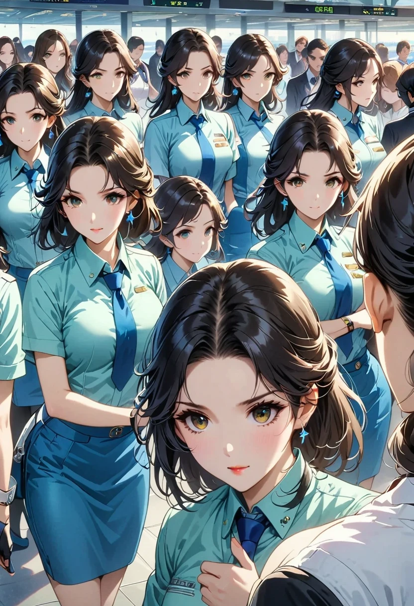 {{adult, Caucasian}}, looking at the audience, hazel eyes, Very detailed, medium breasts, brown hair, AIRPORT, Airline stewardess, , blue blazer, blue tie, blue skirt, midi skirt, pencil skirt, blue high heels, happy, best quality, high quality, Very detailed anime screencap, {{{{squeeze, multiple girls, Thousands of sisters, Millions of sisters,Billions of sisters, clone, clone, Matching clothing, Match hairstyle}}}}, whole body