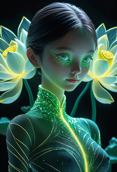 high resolution, Super detailed, (1 girl:1.3，),（lotus），Dynamic light wave sunlight, reverberation, Experimental photography, sur...