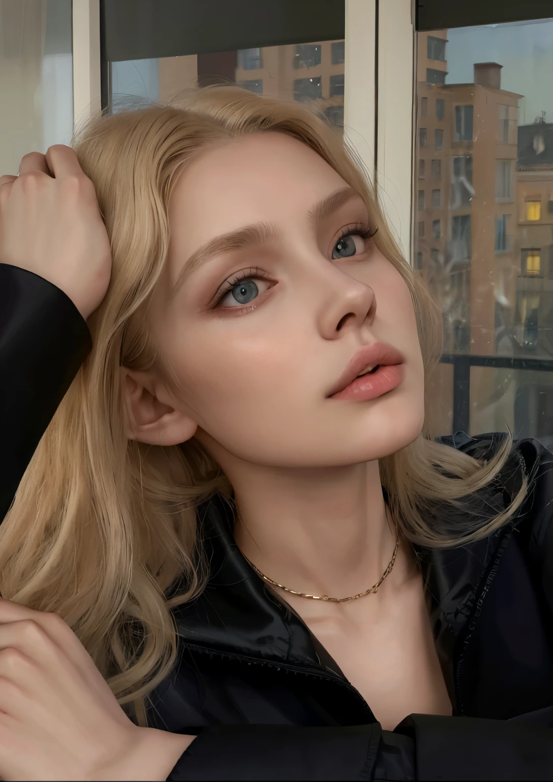 blond woman with long hair and a black jacket looking out a window, yelena belova, angelina stroganova, dasha taran, aleksandra waliszewska, julia gorokhova, anastasia ovchinnikova, style of julia razumova, viktoria gavrilenko, anna nikonova aka newmilky, olga buzova