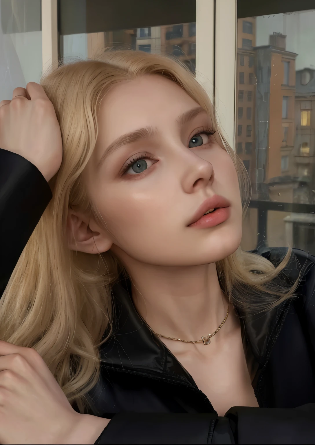 blond woman with long hair and a black jacket looking out a window, yelena belova, angelina stroganova, dasha taran, aleksandra waliszewska, julia gorokhova, anastasia ovchinnikova, style of julia razumova, viktoria gavrilenko, anna nikonova aka newmilky, olga buzova