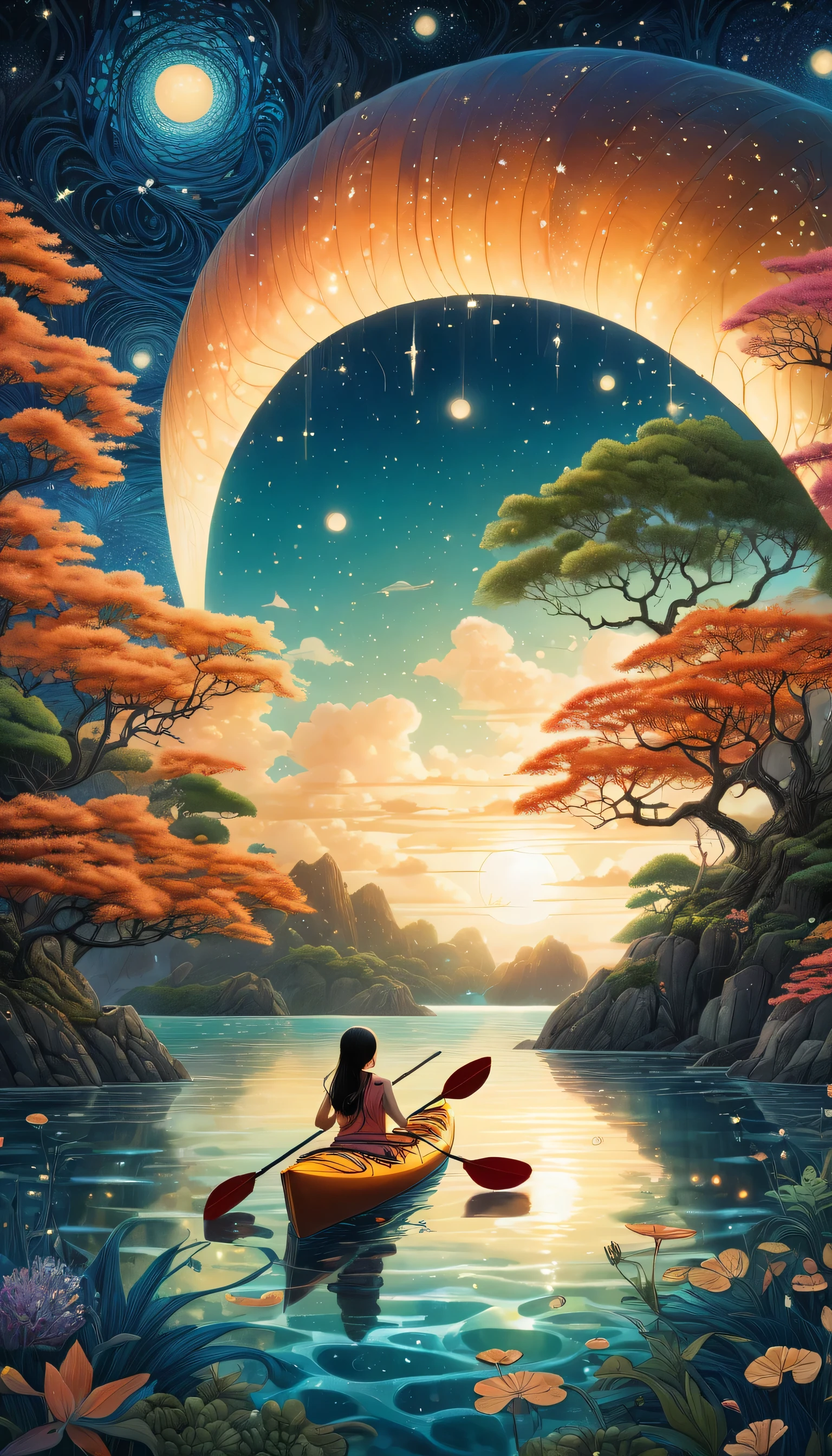 magical mystical fantastic landscape surreal、(masterpiece, highest quality:1.2), shining star々A girl rowing a sea kayak through the sea reflected in、starry night sky background、Sea kayak、oar in hand、The stars are beautifully reflected in the girl&#39;s eyeasterpiece）））, （（highest quality））, （（intricate details））,（（surreal））（8K）、 Super detailed, James R.. ，draw beautiful digital illustrations， Written by Audrey Kawasaki, Written by Amy Sole, author：Naoto Hattori，Yayoi Kusama, ghibli studio，No Borders、detailed description、surrealism、masterpiece