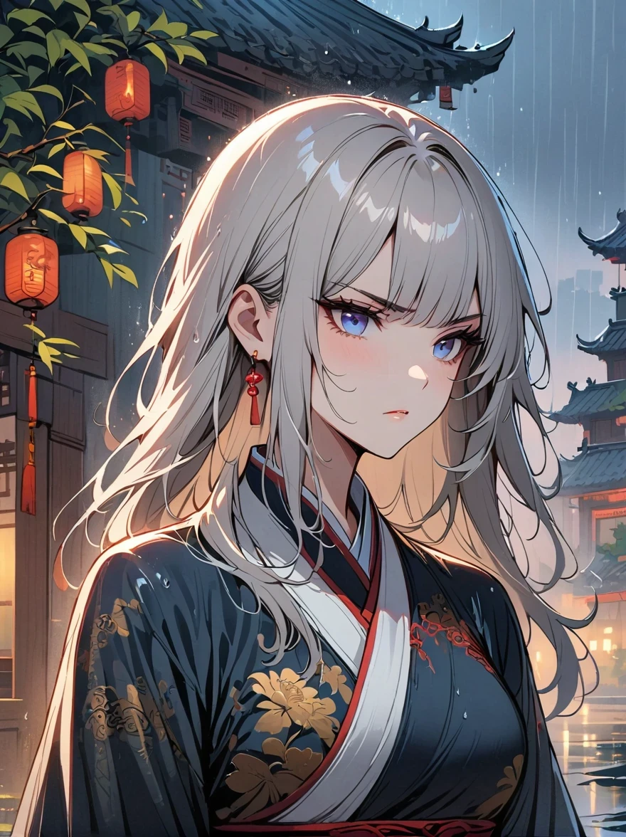 masterpiece, best quality, night, outdoor, rainy days, branch, Chinese style, China, 1 female, mature woman, woman with long silver hair, gray blue eyes, light pink lips, cold, Serious, weak, Bangs, assassin, Short sword, White clothes, Black clothes pattern, Blood stains, Blood, Injuried, Blood on the face, Blood on the clothes, rain, delicate face, delicate face,