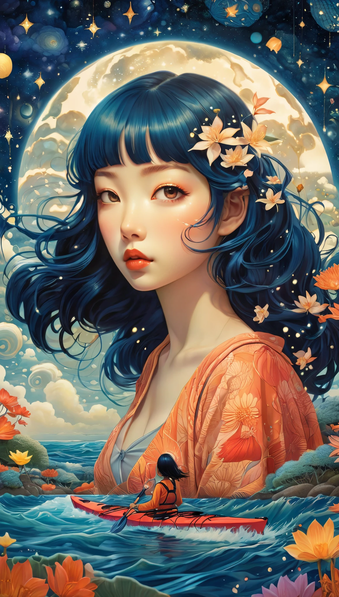 magical mystical fantastic landscape surreal、(masterpiece, highest quality:1.2), shining star々が映った海をSea kayakを漕ぐ少女、starry night sky background、Sea kayak、The stars are beautifully reflected in the girl&#39;s eyeasterpiece）））, （（highest quality））, （（intricate details））,（（surreal））（8K）、 Super detailed, James R.. ，draw beautiful digital illustrations， Written by Audrey Kawasaki, Written by Amy Sole, author：Naoto Hattori，Yayoi Kusama, ghibli studio，No Borders、detailed description、surrealism、masterpiece