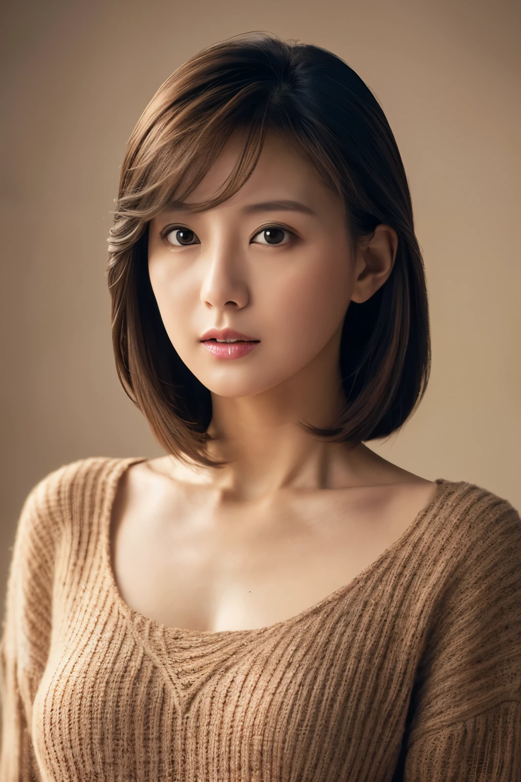 masterpiece, highest quality, High resolution, (Photoreal), sharp, RAW photo, 8K wallpaper, perfection, professional lighting, very detailed, Depth of the bounds written, pale plain background, ((one beautiful woman)), skinny, Japanese, , 40 years old, sexy, detailed face, beautiful eyes, bangs, small breasts, chest bulge, very thin waist, (light brown straight hair), (short hair), faint lips, ((standing facing the front)), ((look at the viewer)), serious face eyes, thin sweater, (upper body photo), cowboy shot