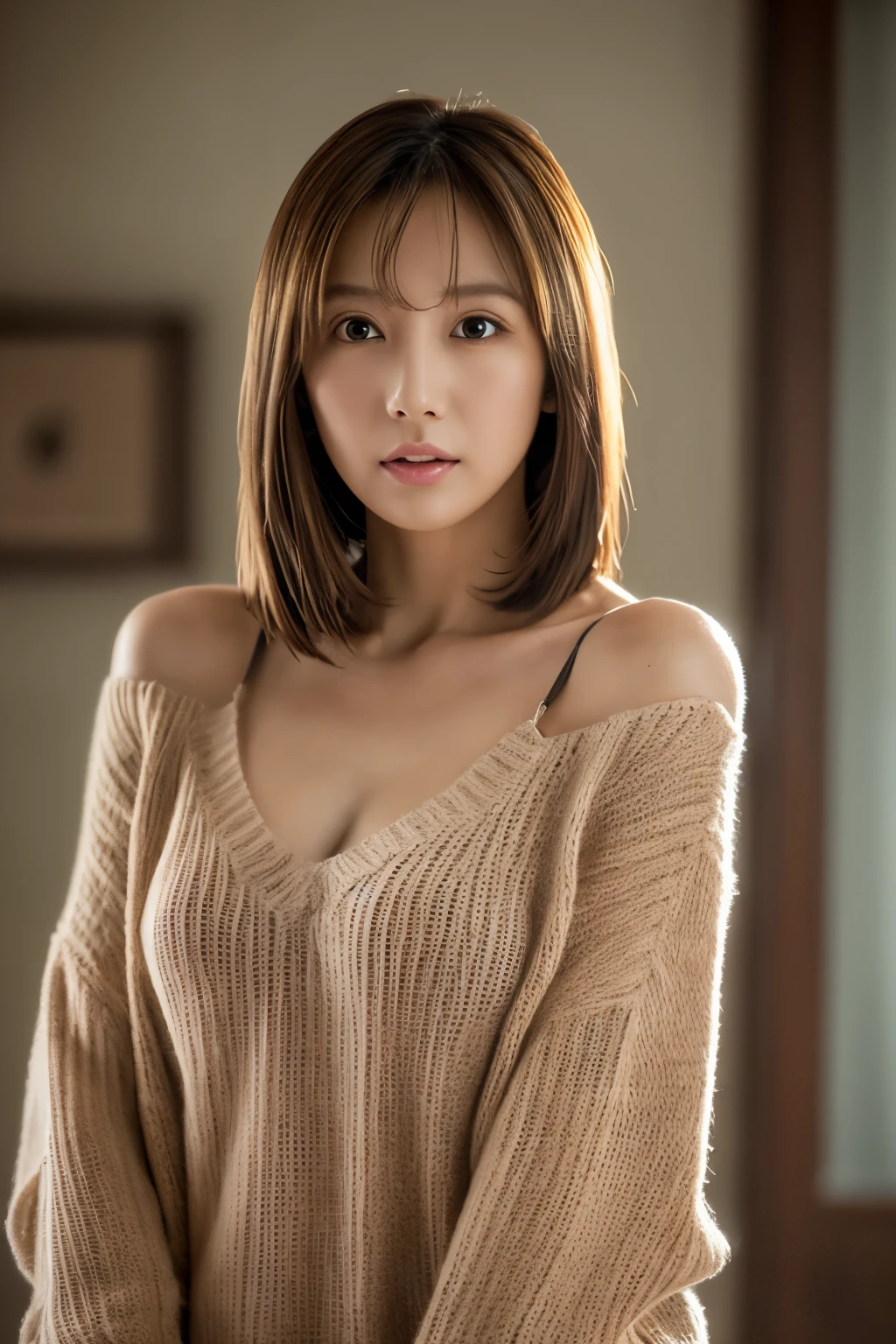 masterpiece, highest quality, High resolution, (Photoreal), sharp, RAW photo, 8K wallpaper, perfection, professional lighting, very detailed, Depth of the bounds written, pale plain background, ((one beautiful woman)), skinny, Japanese, , 40 years old, sexy, detailed face, beautiful eyes, bangs, small breasts, chest bulge, very thin waist, (light brown straight hair), (short hair), faint lips, ((standing facing the front)), ((look at the viewer)), serious face eyes, thin sweater, (upper body photo), cowboy shot